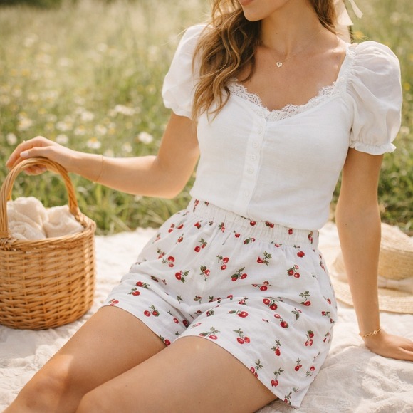 Abercrombie & Fitch Pants - Abercrombie Cherry Print Linen Blend Lined Shorts Coquette Cottagecore M